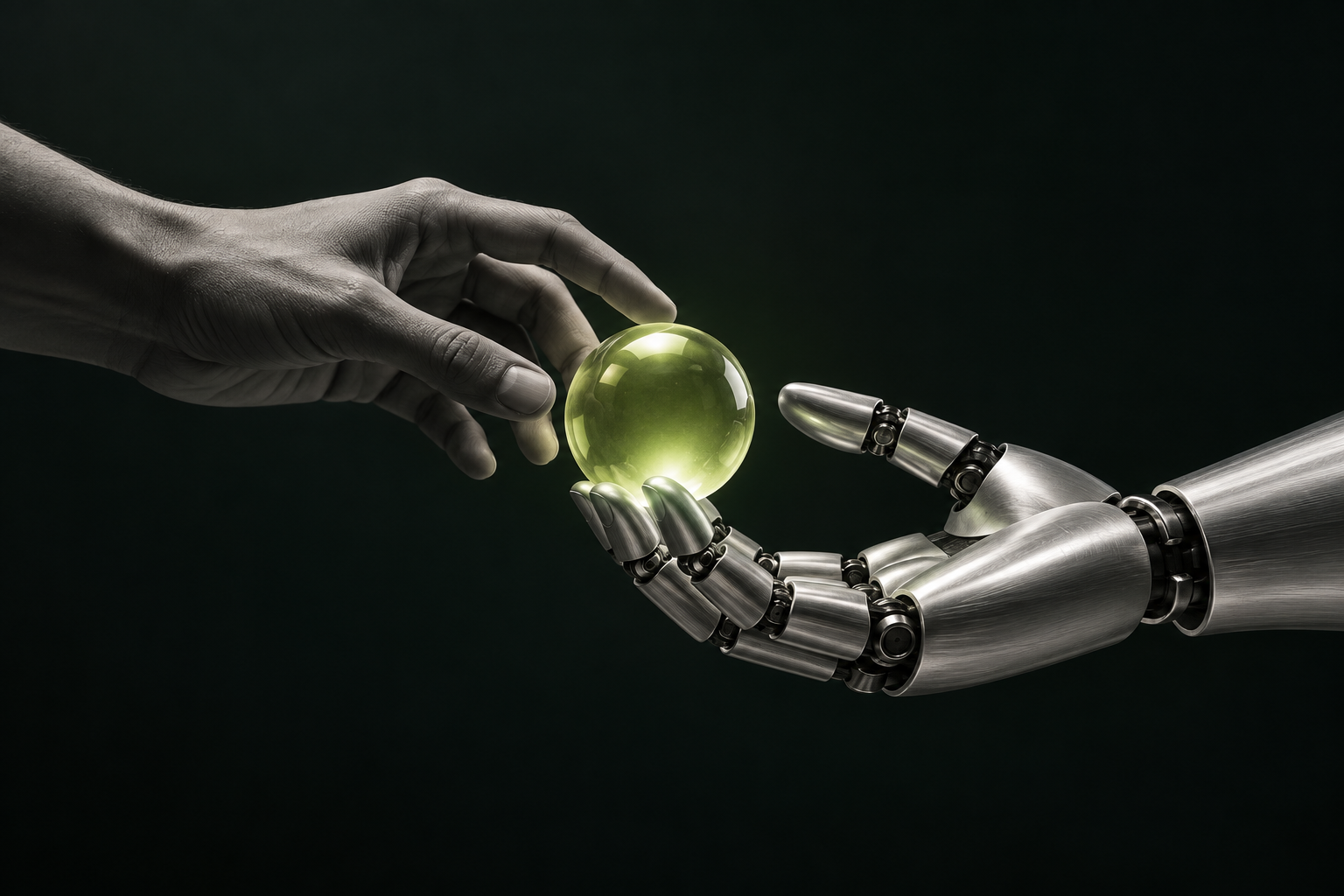 A human hand and a robotic hand passing a luminous green sphere